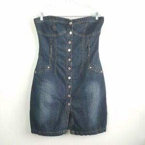 Drama Gold Denim Dress Size 9/10 Blue Strapless Metal Button Western Boho Vtg